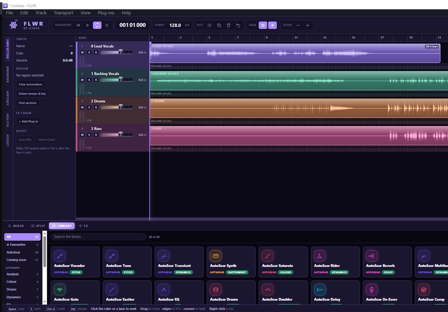 The FLWR plugin library: a full-width grid of AutoSear plugin cards, each with its own neon mark, category rail on the left with live counts