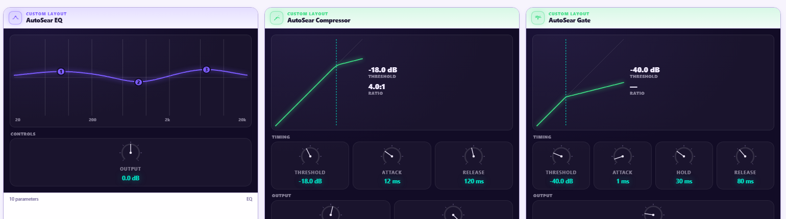 Three AutoSear plugin panels, each with a layout specific to its type: an EQ response curve with draggable band nodes, a compressor transfer curve with its knee and threshold line, and a gate showing its threshold against the signal
