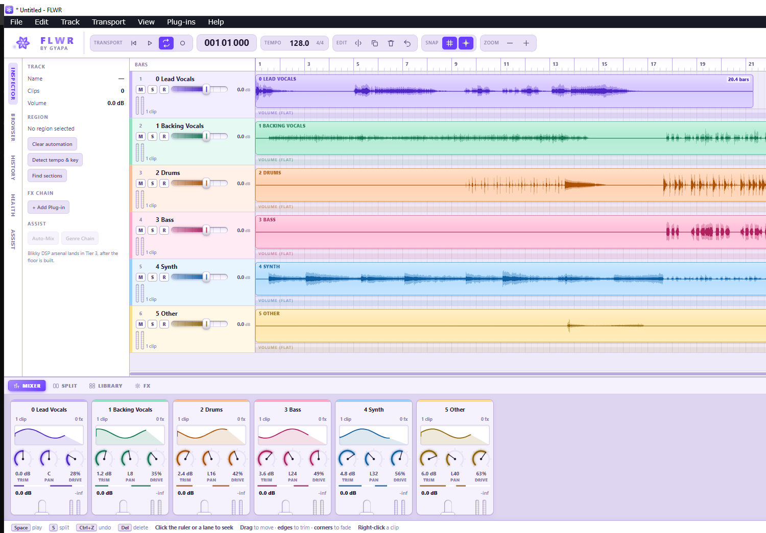 FLWR in the Bloom skin: light lavender panels with violet accents