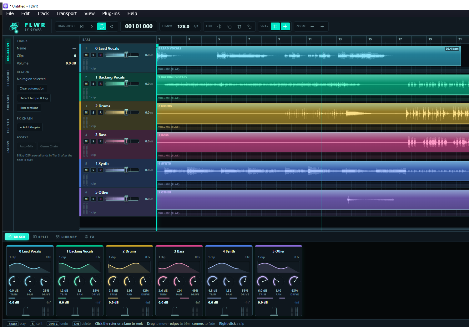 FLWR in the Dark Tech skin: near-black blue-green panels with a teal accent